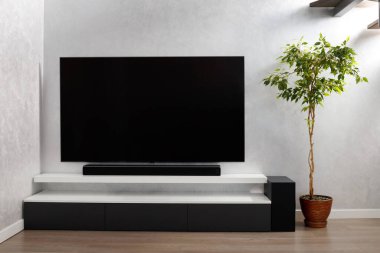 Oturma odasının içinde duvarında televizyon, hifi ekipmanları, ses çubuğu, gri dolap ve büyük bir kapalı çiçek olan kısmı. TV ve müzik sistemi iç mekanda.