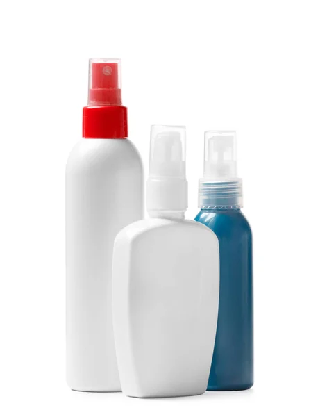 Conjunto Diferentes Botellas Plástico Multicolor Con Pulverizador Dispensador Bombas Para — Foto de Stock