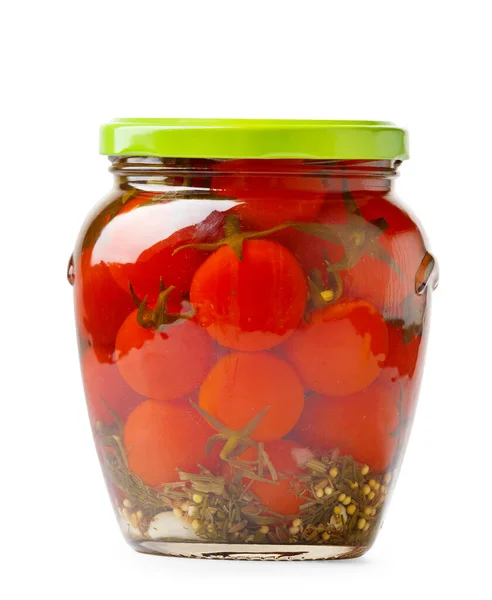 Tomates Cereja Enlatados Frasco Vidro Fechado Isolado Fundo Branco Close — Fotografia de Stock