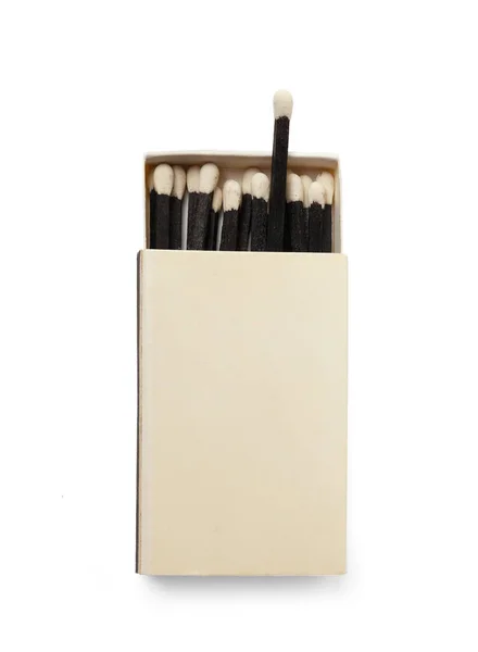 Black Matches White Sulfur Heads Open Box White Background Top — Stock Photo, Image