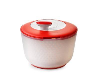 Nikolaev, Ukrayna, 30 Temmuz 2023. Yeşiller için atlıkarınca kurutma makinesi, eko plastikten yapılmış dünya markası Tupperware meyveler. Yiyecek depolamak için kapalı kapaklı bir konteynır. Mutfak aletleri..