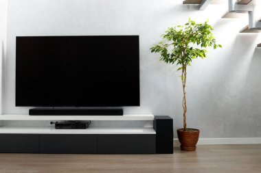 Oturma odasının içinde duvarında televizyon, hifi ekipmanları, ses çubuğu, gri dolap ve büyük bir kapalı çiçek olan kısmı. TV ve müzik sistemi iç mekanda.