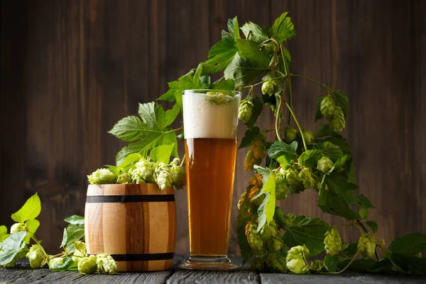 A glass mug of beer, a branch of hops and a wooden barrel with hops on a dark wooden background. Brewing traditions. Oktoberfest. Beer Festival. St.Patrick \'s Day