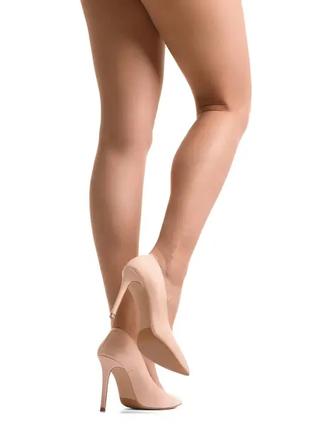 Slender Female Legs Transparent Beige Tights Elegant Beige High Heeled — Stock Photo, Image