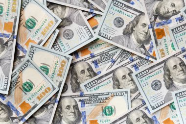 100 dolarlık banknotlar arka plan, dolar arka plan, yeni 100 dolarlık banknotlar düz görünüm..