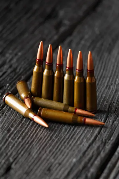 Ammunition Bullets Live Ammunition Firearms Black Wooden Background — Stock Photo, Image