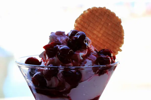 stock image ice cream with cherries in Veli Losinj, island Losinj, Croatia