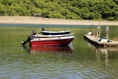 Hırvatistan 'ın Mljet kentindeki Saplunara Koyu' ndaki kırmızı yelkenli.