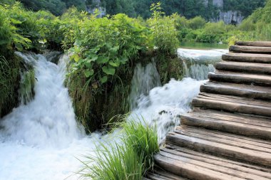 Tahta merdivenler ve N.P. 'de yürüyüş parkuru. Plitvice, Hırvatistan