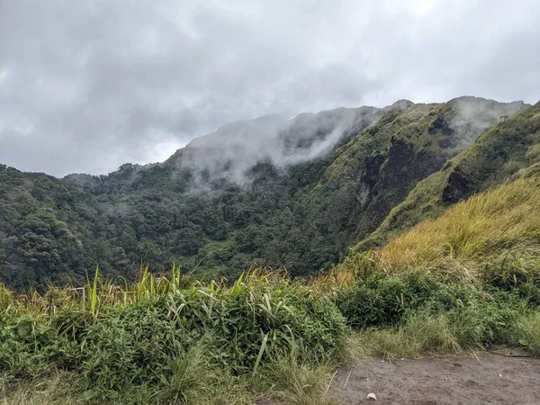 stock image The way going to peak mountain, with Savana and foggy vibes. The photo is suitable to use for adventure content media, nature poster and forest background.