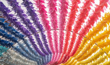 Çocuk parkında çok renkli plastik yel değirmeni, sarı, pembe, kırmızı, mavi ve turuncu. resim oyun alanı arka planı, eğitim içeriği medyası ve dekorasyon ilhamı için kullanılabilir.