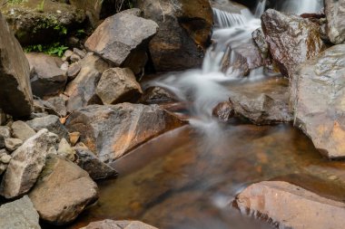 Semarang Central Java 'da yeşil yapraklı ve nehir taşlı tropik nehir akıntısı. Fotoğraf macera içeriği medyası, doğa posteri ve orman geçmişi için kullanılabilir.