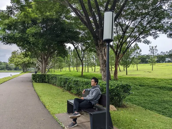 Мужчина Сидит Зеленом Парке Центре Города Фотография Подходит Спокойного Времяпрепровождения — стоковое фото
