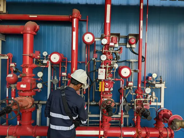 Endüstriyel ortamda yangın söndürme sistemini inceleyen bir teknisyen. Mavi duvarda kırmızı borular, vanalar, göstergeler ve diğer ekipmanlar görülüyor..