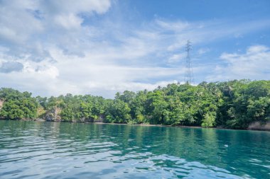 Sakin turkuaz sular, yemyeşil bitki örtüsü ve açık mavi gökyüzünün yer aldığı pitoresk bir tropikal ada sahnesi. Dinginlik ve sükunet hissedilir..