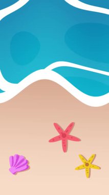 Renkli Denizyıldızı ve Açık Mavi Dalganın Altındaki Deniz Kabukları ile Canlı Sahil Sahnesi