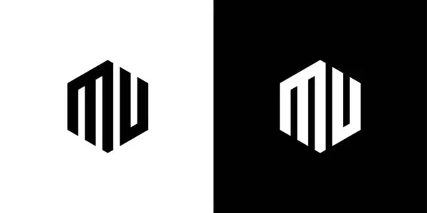 M U Polygon Harfi, Siyah ve Beyaz Arkaplan Üzerine Altıgen Minimum Logo Tasarımı