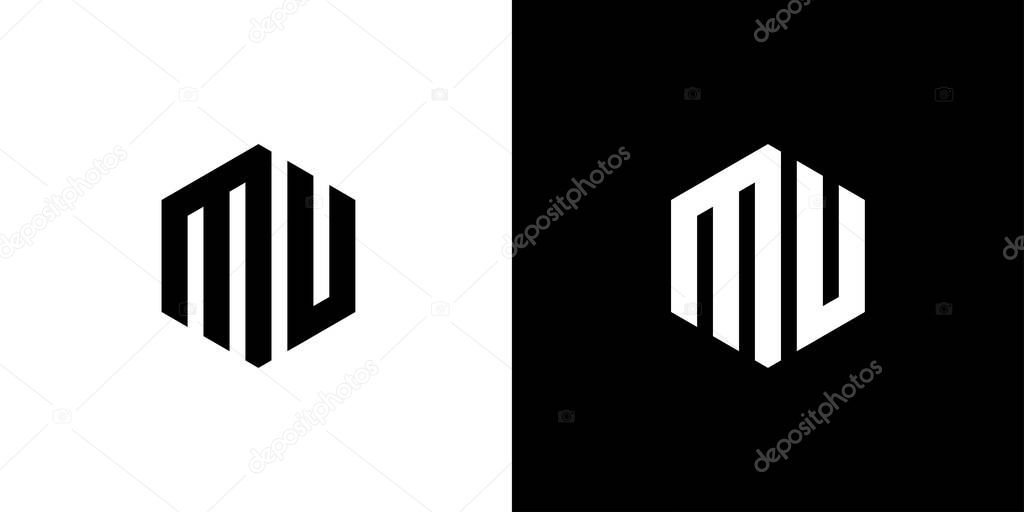 Letter M U Polygon, Hexagonal Minimal Logo Design On Black And White Background