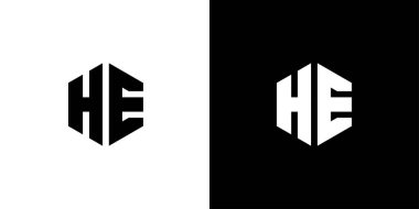 H E çokgeni, siyah ve beyaz arkaplan üzerinde altıgen minimal ve profesyonel logo tasarımı