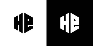 H E çokgeni, siyah ve beyaz arkaplan üzerinde altıgen minimal ve profesyonel logo tasarımı