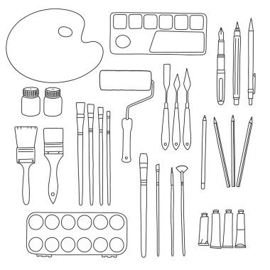 Resim malzemeleri, resim ve hat çizimi için fırça seti, renkler ve kalemler, el çizimi illüstrasyonlar. Siyah-beyaz çizgili vektör çizimi. Çizgi film biçimi
