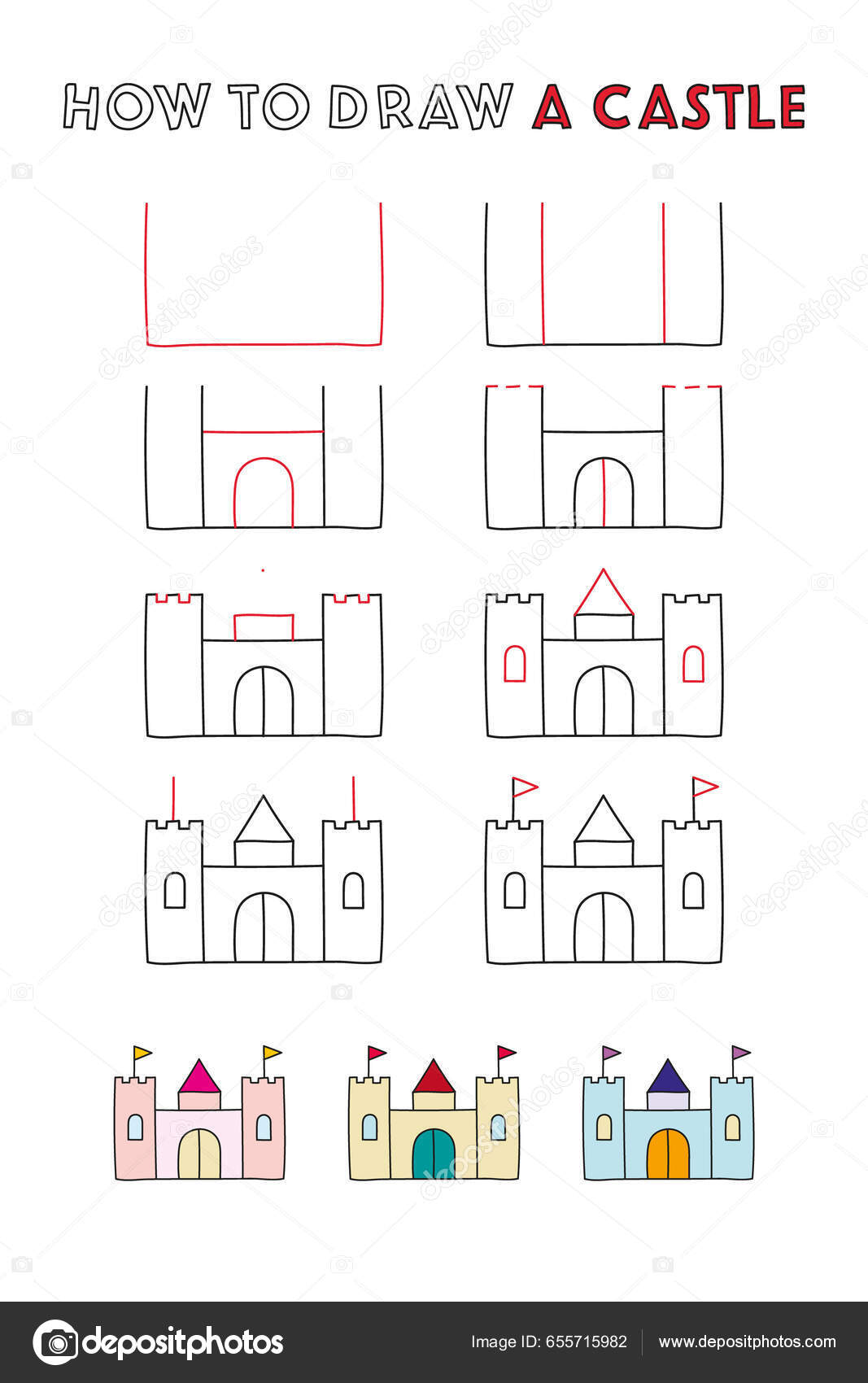 Como Desenhar Castelo Passo Passo Tutorial Desenho Jogo Educacional Simples  imagem vetorial de Abeille12© 655715982