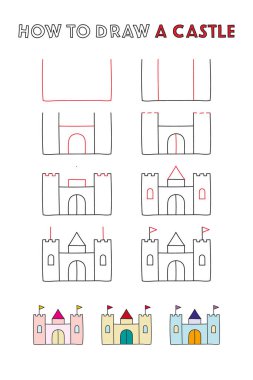 How to draw a castle. Step by step drawing tutorial. Simple educational game. Vector illustration clipart