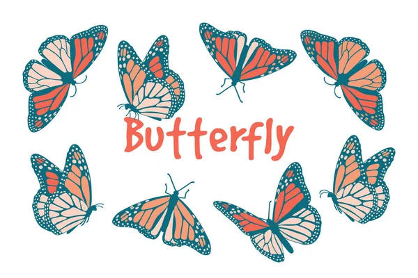 可爱的复古蝴蝶设置 在白色背景上孤立的向量图解 模式相同的集合可用 矢量说明 — 图库矢量图片