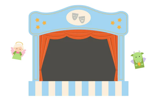 孩子们在白色背景下的木偶剧场 有红色窗帘和深色背景的剧场舞台的矢量图解 平面风格 — 图库矢量图片