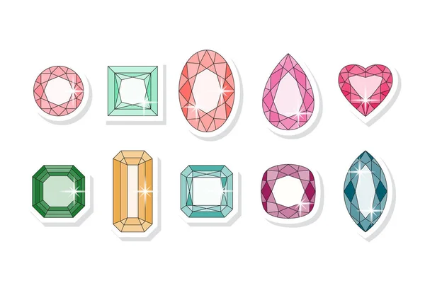 Gemstones Collection Different Colours Shapes Vintage Cartoon Style Isolated White — Stock Vector
