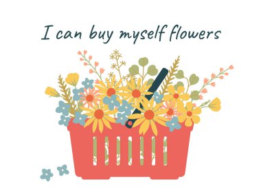 Kendime çiçek alabilirim. Kartlar, tişörtler, posterler için motivasyon tasarımı. Güçlü kadın, kendini beğenmiş. Vektör illüstrasyonu