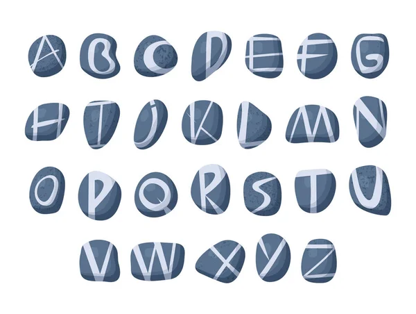 石头字母表蓝色的灰色河流海石子 白色背景上刻有不同形状的字母 平淡的风格 矢量说明 — 图库矢量图片