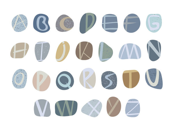 Sea river stones alphabet. Pattern on pebbles in form of letters. Different coloured shapes on white background. Flat style. Vector illustration