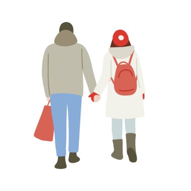 Genç Çiftin Kış Saati Yılbaşı Sevgililer Günü Sevgililer Günü Vintage Düz Tarzı 'na Geri Bakış. Beyaz Arkaplanda Vektör illüstrasyonuName