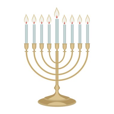 Beyaz arka planda izole edilmiş dokuz yanan mumla Hanuka şamdanı. Düz stil. - Evet. Vektör illüstrasyonu