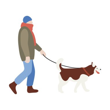 Man in warm clothes walking with his dog. Winter time. Vector illustration in flat style isolated on white background.