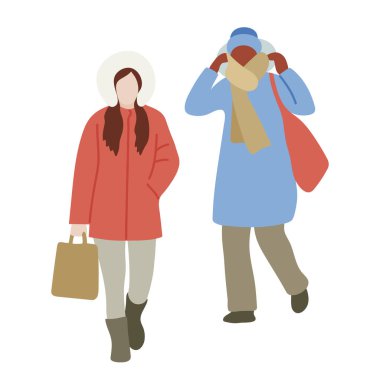 Soğuk Hava 'da sokakta yürürken, iki kalın giysili kadın. Beyaz Arkaplan üzerinde izole edilmiş Vintage Düz Stil Vektör İllüstrasyonu