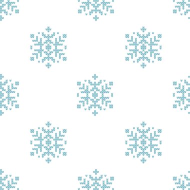 Güzel 6 kenarlı Mavi Kar Taneleri Kusursuz Geometrik Desen. Düğümlerden örülmüş nakış dokusu. Beyaz arka plan. Altı köşeli simetri. Vektör illüstrasyonu