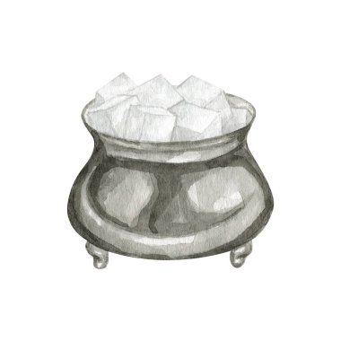 Watercolour sugar cubes illustrations. White sugar cubes in vintage silver bowl. Kitchen utensils sugar cubes in bowl. High quality hand drawn food illustrations.