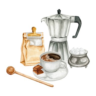 Watercolour coffee drink illustrations. Coffee lovers drink menu for cafe and restaurants. Coffee shop logo. High quality hand drawn food illustrations.