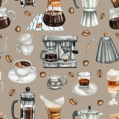 Watercolour coffee drink seamless patterns. Coffee lovers drink menu for cafe and restaurants. Coffee shop brand logo. High quality hand drawn food illustrations.