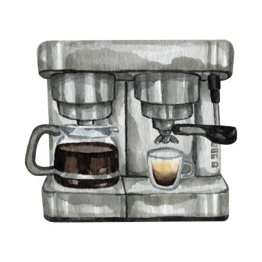 Watercolour coffee machine drink illustrations. Coffee lovers drink menu for cafe and restaurants. Coffee shop logo. High quality hand drawn food illustrations.