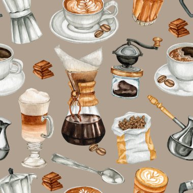 Watercolour coffee drink seamless patterns. Coffee lovers drink menu for cafe and restaurants. Coffee shop brand logo. High quality hand drawn food illustrations.