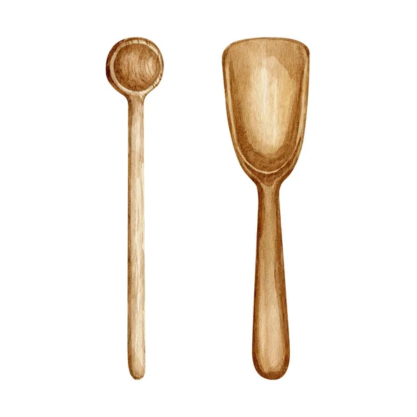 Watercolour Coffee Spoon Illustrations Kitchen Utensils Coffee Wooden Spoon High — Zdjęcie stockowe