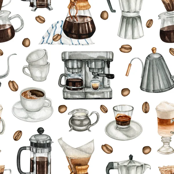 Watercolour coffee drink seamless patterns. Coffee lovers drink menu for cafe and restaurants. Coffee shop brand logo. High quality hand drawn food illustrations.