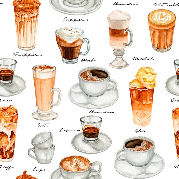 Watercolour coffee drink seamless patterns. Coffee lovers drink menu for cafe and restaurants. Coffee shop brand logo. High quality hand drawn food illustrations.
