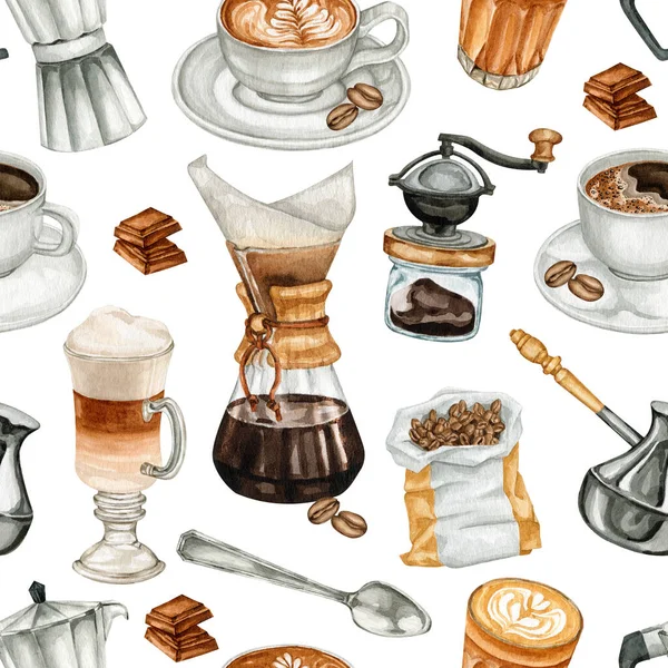 Watercolour Coffee Drink Seamless Patterns Coffee Lovers Drink Menu Cafe — Stock Photo, Image