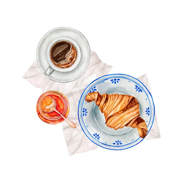 Watercolor breakfast arrangement with coffee and croissants illustration. French croissants for a romantic breakfast illustration. Perfect for greeting cards. High quality hand drawn food illustration