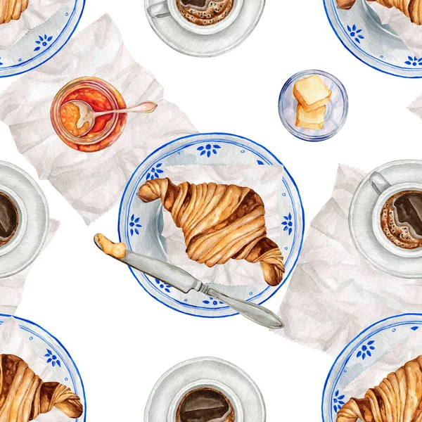 Watercolor seamless pattern with coffee and French croissants. Digital paper with sweet croissants for scrapbooking and wrapping paper DIY. High quality and drawn food illustration