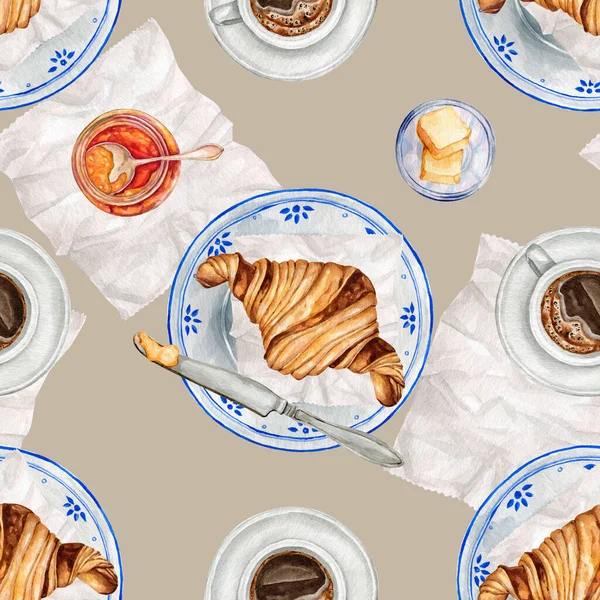 Watercolor seamless pattern with coffee and French croissants. Digital paper with sweet croissants for scrapbooking and wrapping paper DIY. High quality and drawn food illustration